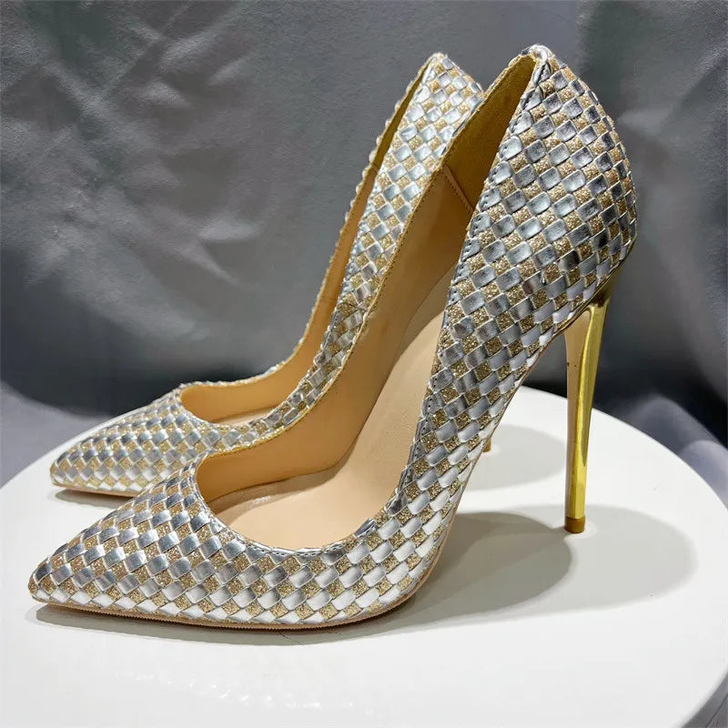 Shiny Plaid Chic Stilettos High Heels Bling Party Dress Shoes for Women