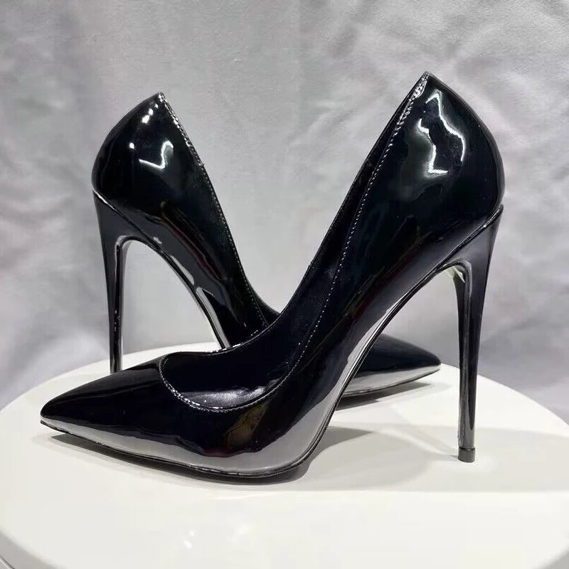 Black Patent Pointy Toe High Heel Stilettos for Women - Slip On OL Formal Dress Shoes