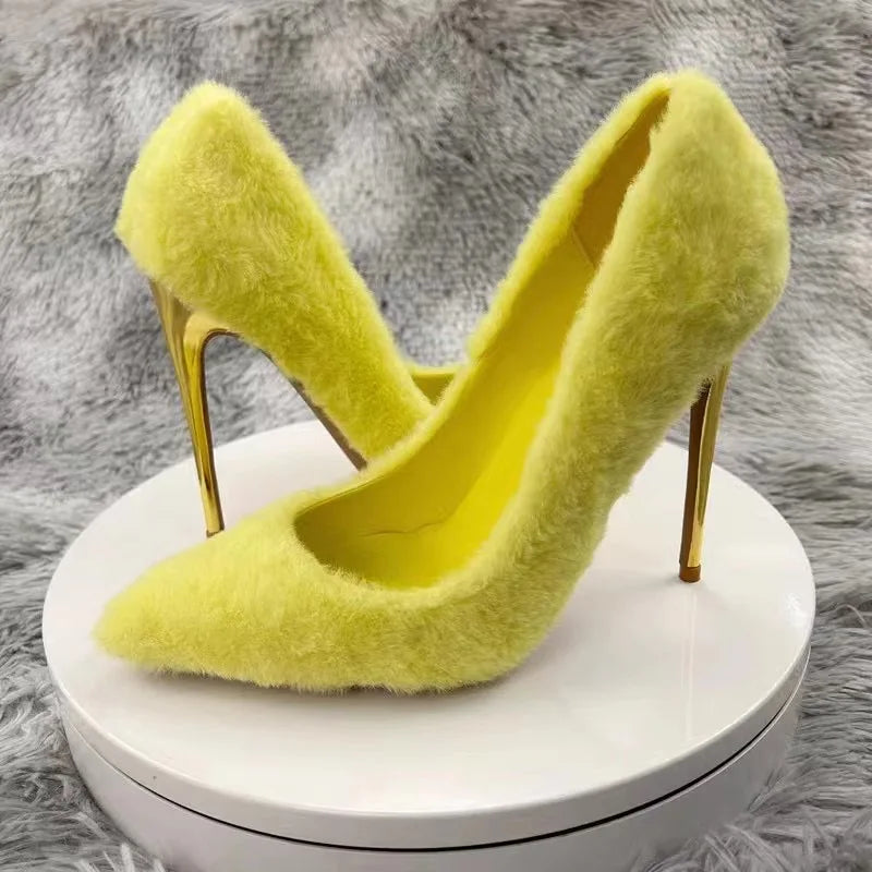 Yellow Faux Fur Pointy Toe High Heel Shoes for Women