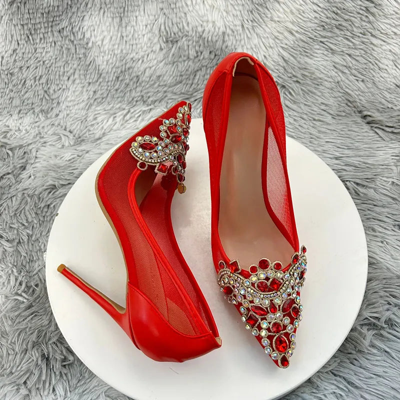 12cm High Heels Rhinestones Sexy Patchwork Red Mesh Gauze Pointy Toe Stiletto