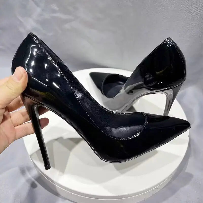 Black Patent Pointy Toe High Heel Stilettos for Women - Slip On OL Formal Dress Shoes