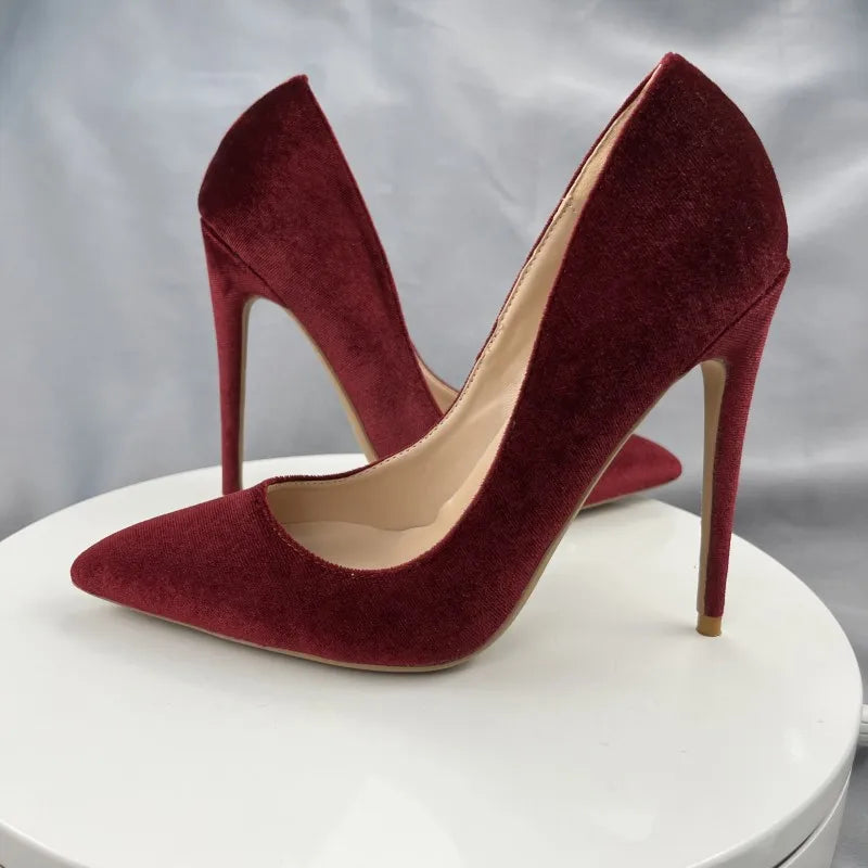 Wine Red Flock Pointy Toe High Heel Shoes for Women