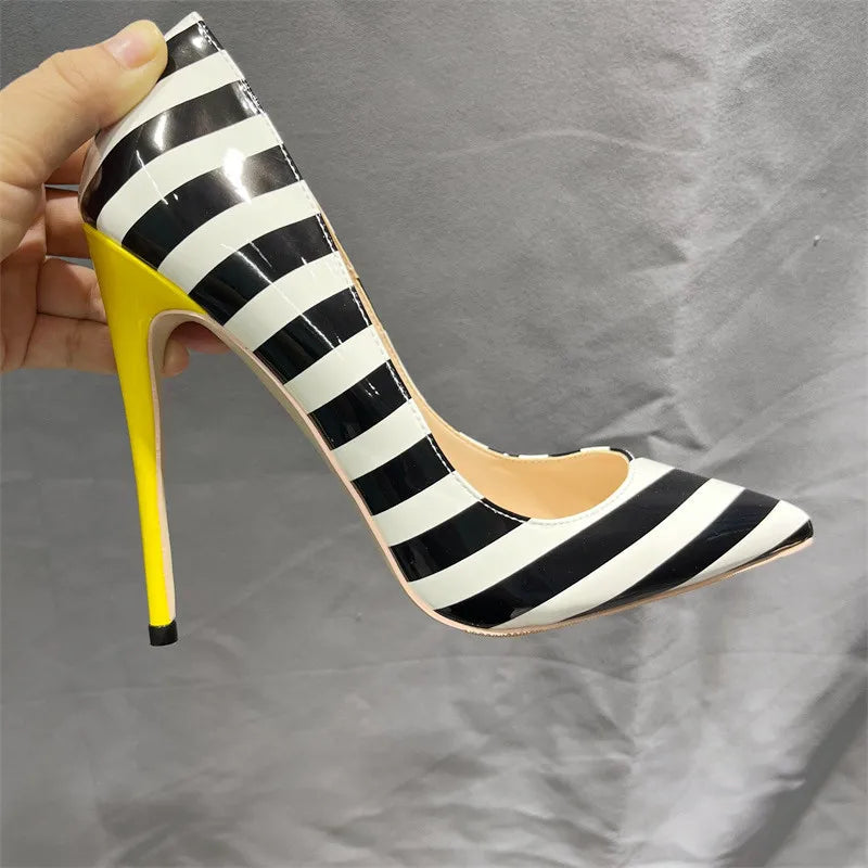 Striped Print Women Pointy Toe Stiletto Pumps with Yellow Heels