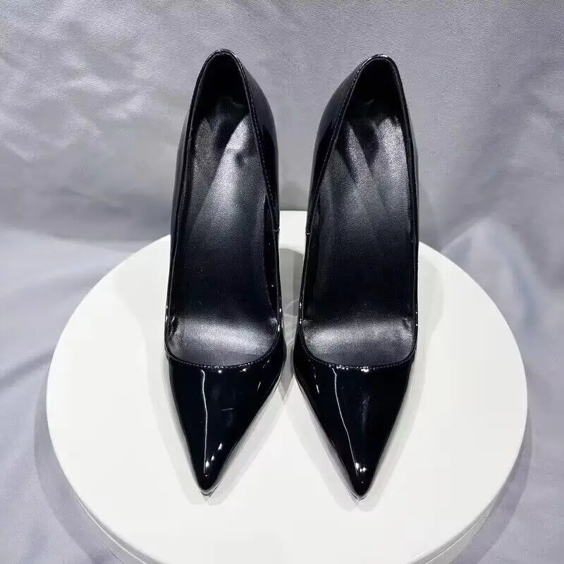 Black Patent Pointy Toe High Heel Stilettos for Women - Slip On OL Formal Dress Shoes