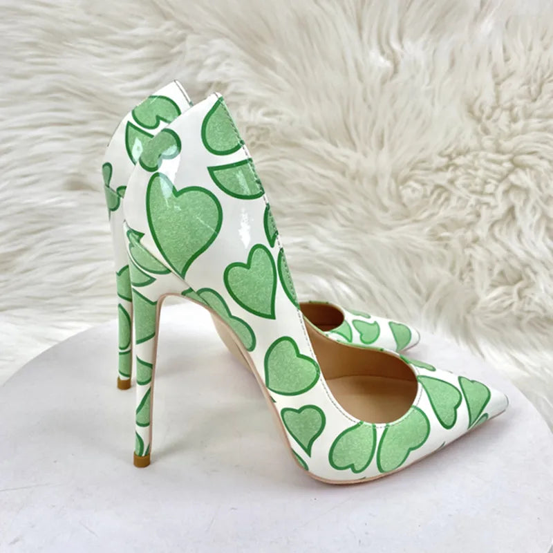 Sweetheart Print White Patent Pointy Toe High Heel Shoes for Women
