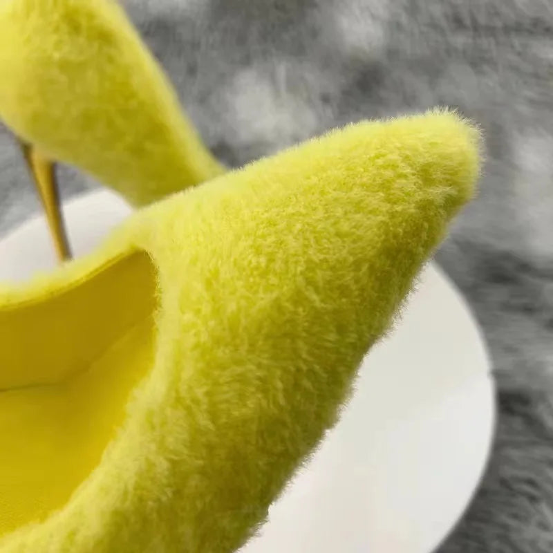 Yellow Faux Fur Pointy Toe High Heel Shoes for Women