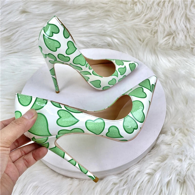 Sweetheart Print White Patent Pointy Toe High Heel Shoes for Women