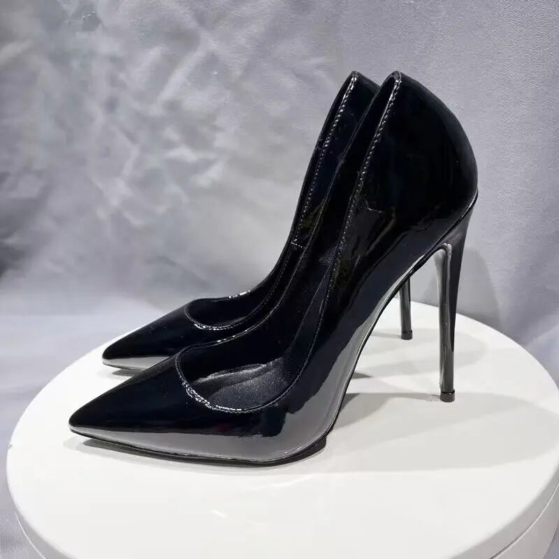Black Patent Pointy Toe High Heel Stilettos for Women - Slip On OL Formal Dress Shoes