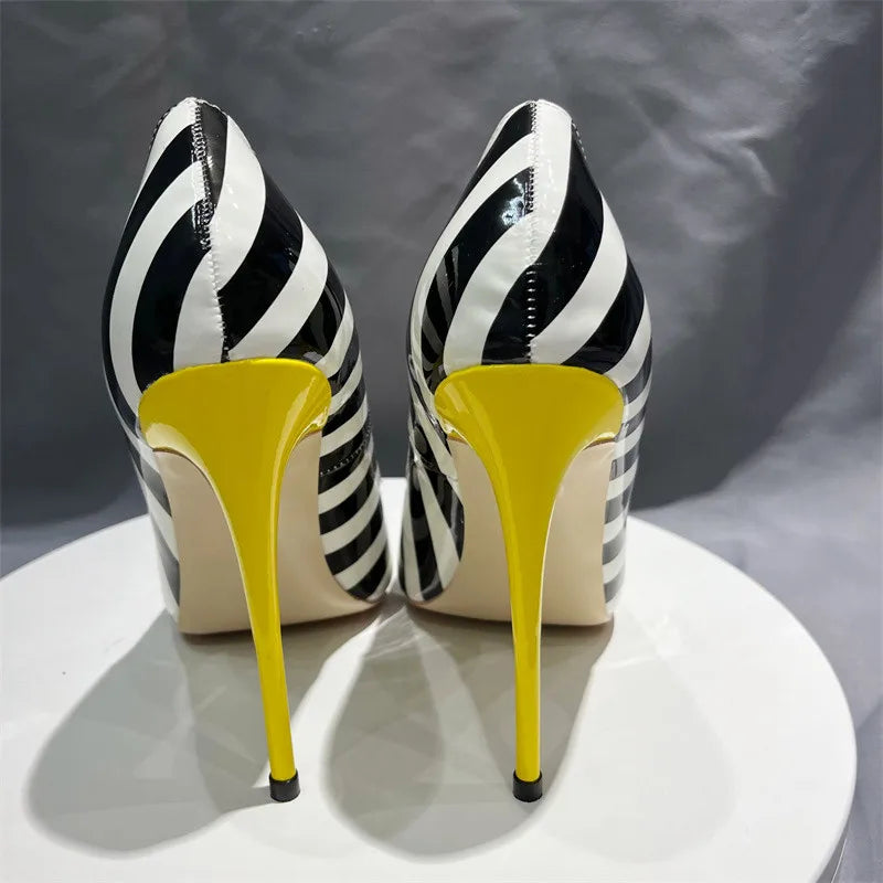 Striped Print Women Pointy Toe Stiletto Pumps with Yellow Heels