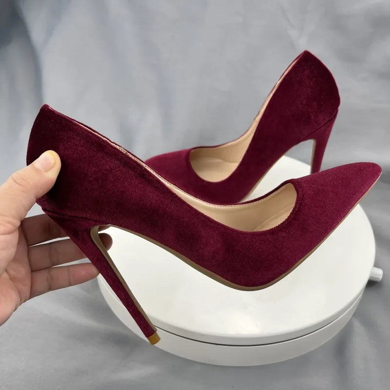Wine Red Flock Pointy Toe High Heel Shoes for Women