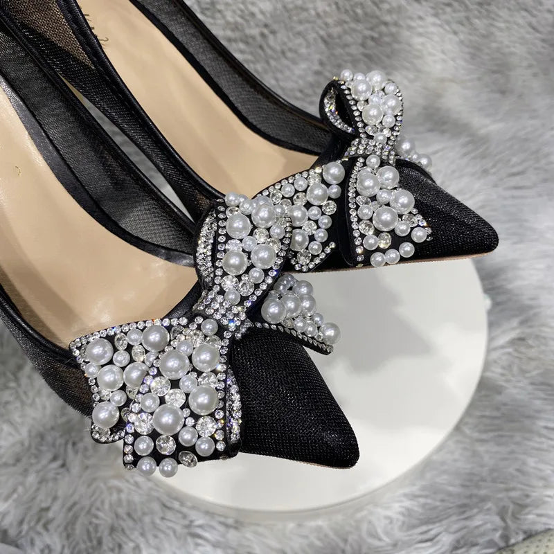Black Matte Gauze Mesh Pointy Toe High Heel Shoes with Pearls Bow for Women