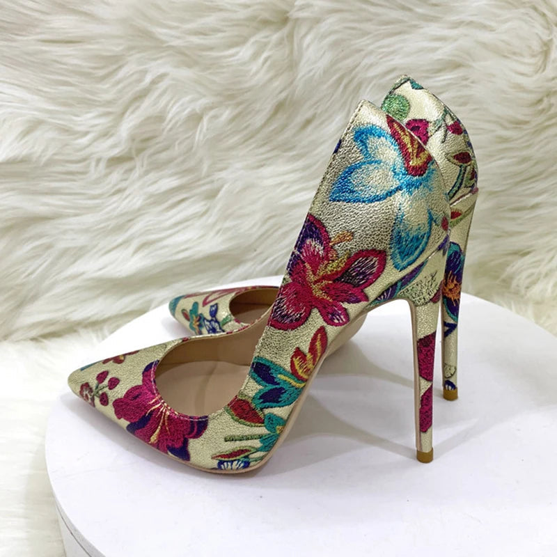 Gold Floral Embossed Printed Pointy Toe High Heel Shoes for Women