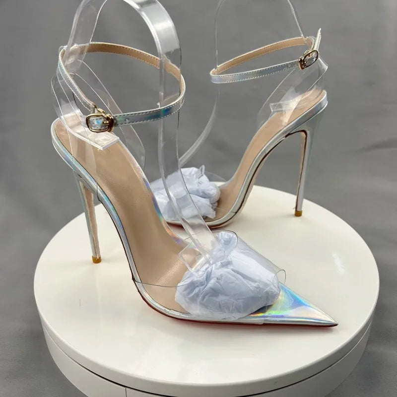 Summer Women Sexy Ankle Straps Clear PVC Pointy Toe High Heel