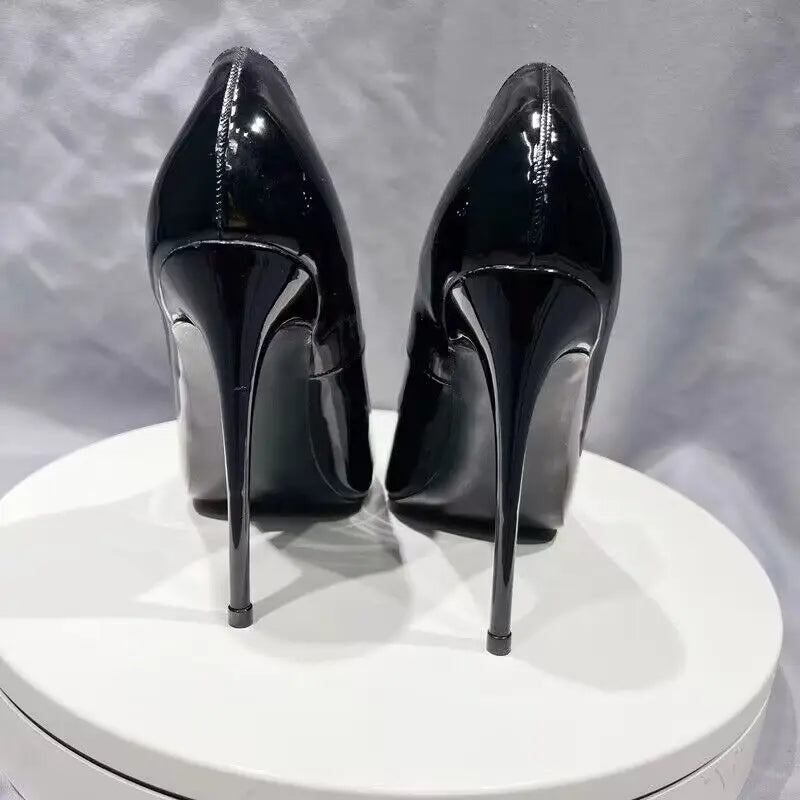 Black Patent Pointy Toe High Heel Stilettos for Women - Slip On OL Formal Dress Shoes