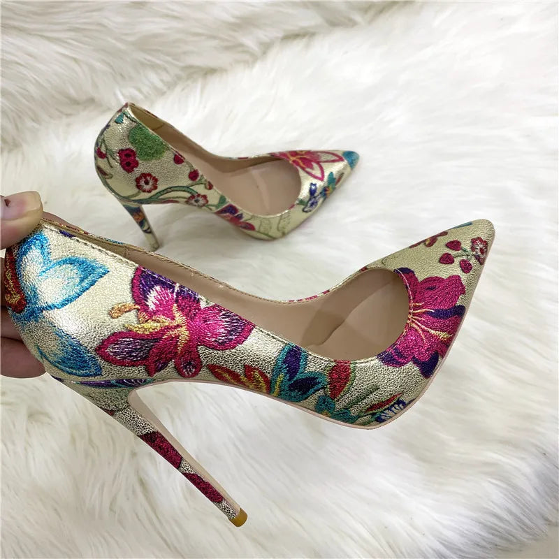 Gold Floral Embossed Printed Pointy Toe High Heel Shoes for Women