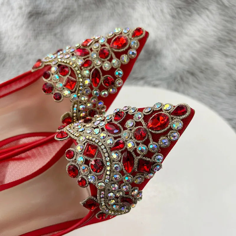 12cm High Heels Rhinestones Sexy Patchwork Red Mesh Gauze Pointy Toe Stiletto