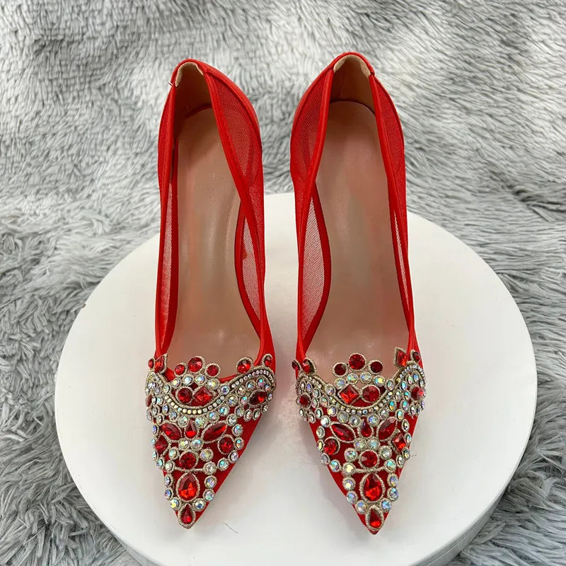 12cm High Heels Rhinestones Sexy Patchwork Red Mesh Gauze Pointy Toe Stiletto