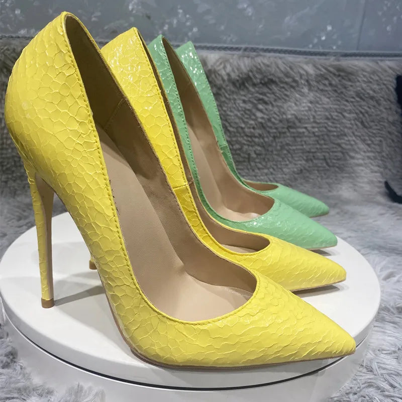 Yellow Crocodile Effect Pointy Toe High Heel Sexy Party Shoes for Women