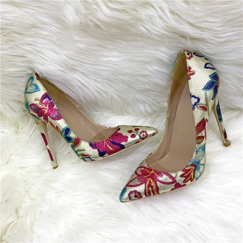 Gold Floral Embossed Printed Pointy Toe High Heel Shoes for Women