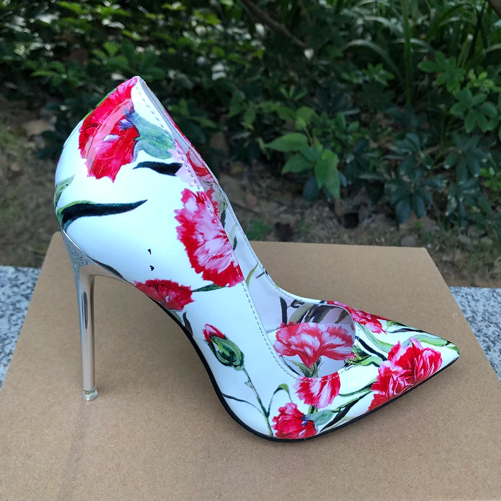 11cm Metal High Heel Women Floral Pointy Toe Stilettos Shoes for Summer