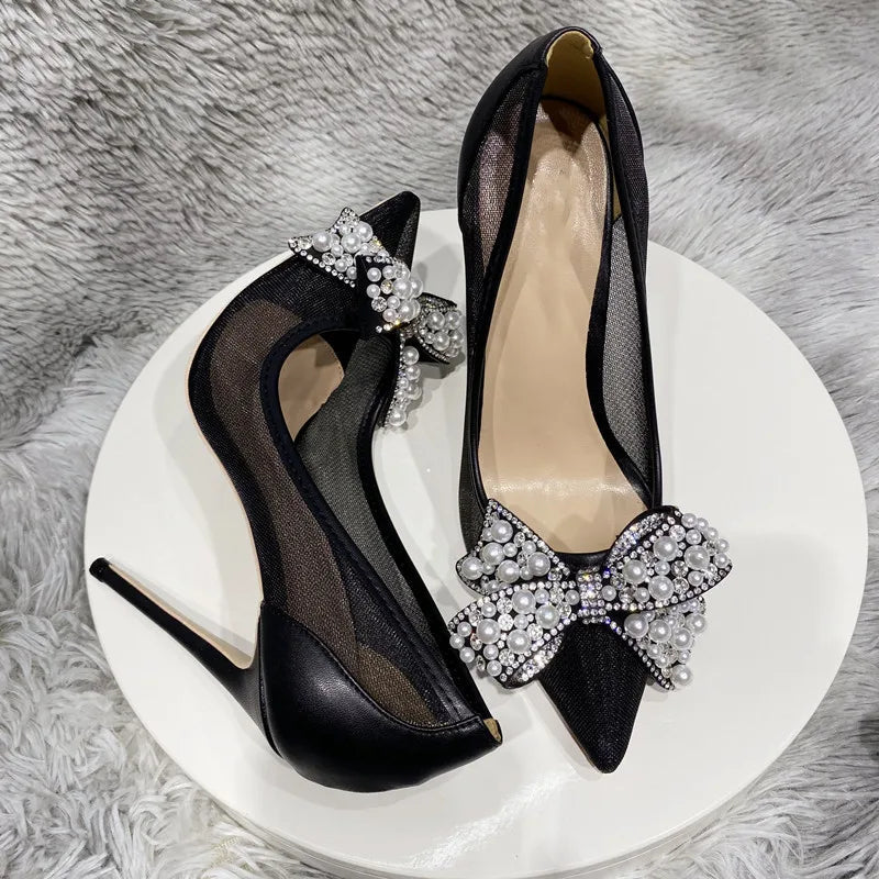 Black Matte Gauze Mesh Pointy Toe High Heel Shoes with Pearls Bow for Women