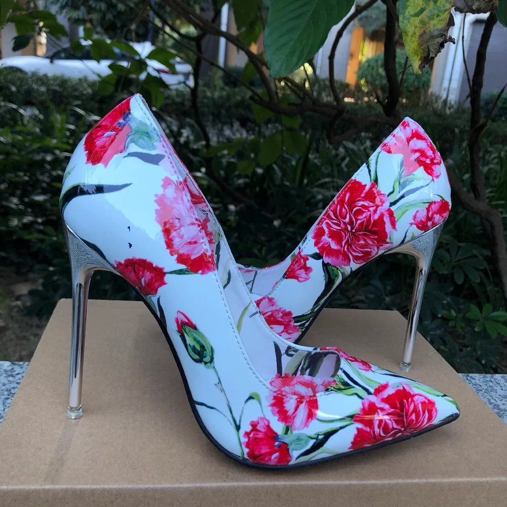 11cm Metal High Heel Women Floral Pointy Toe Stilettos Shoes for Summer