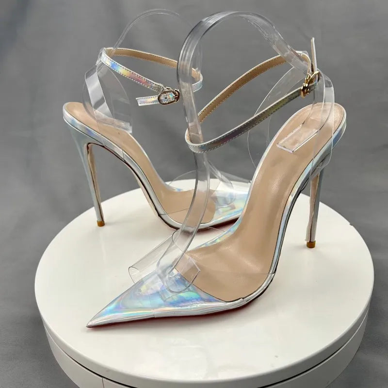 Summer Women Sexy Ankle Straps Clear PVC Pointy Toe High Heel