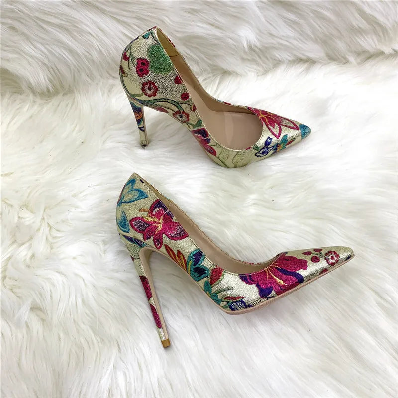 Gold Floral Embossed Printed Pointy Toe High Heel Shoes for Women