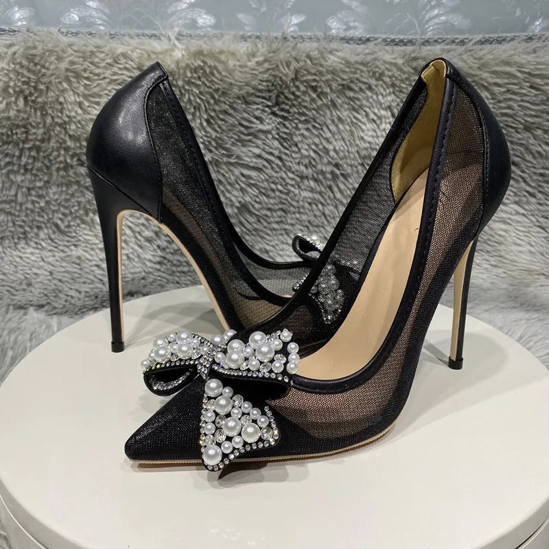 Black Matte Gauze Mesh Pointy Toe High Heel Shoes with Pearls Bow for Women