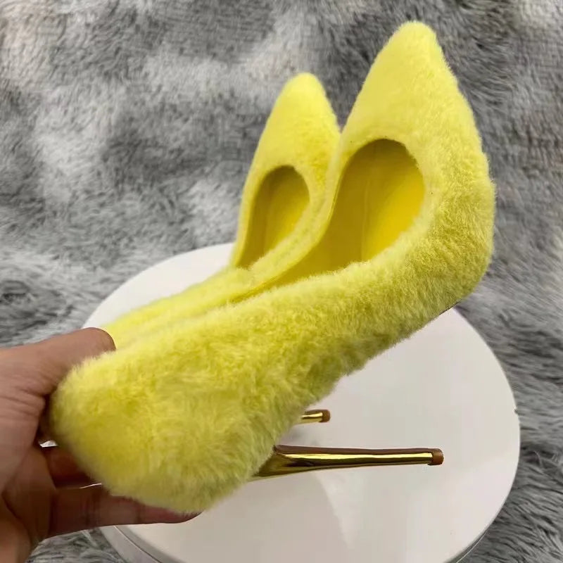 Yellow Faux Fur Pointy Toe High Heel Shoes for Women