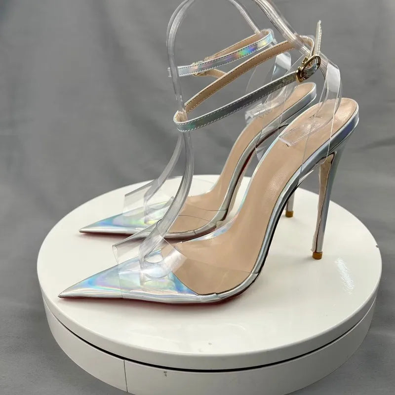 Summer Women Sexy Ankle Straps Clear PVC Pointy Toe High Heel