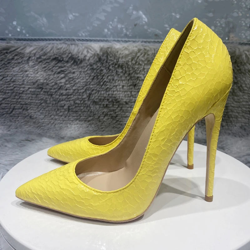 Yellow Crocodile Effect Pointy Toe High Heel Sexy Party Shoes for Women