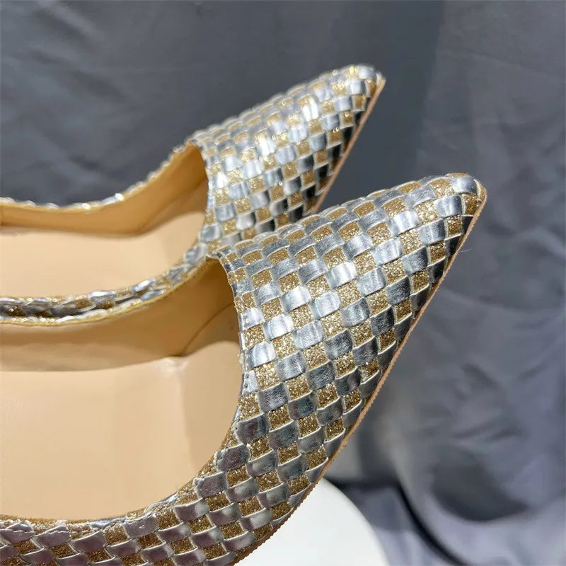 Shiny Plaid Chic Stilettos High Heels Bling Party Dress Shoes for Women