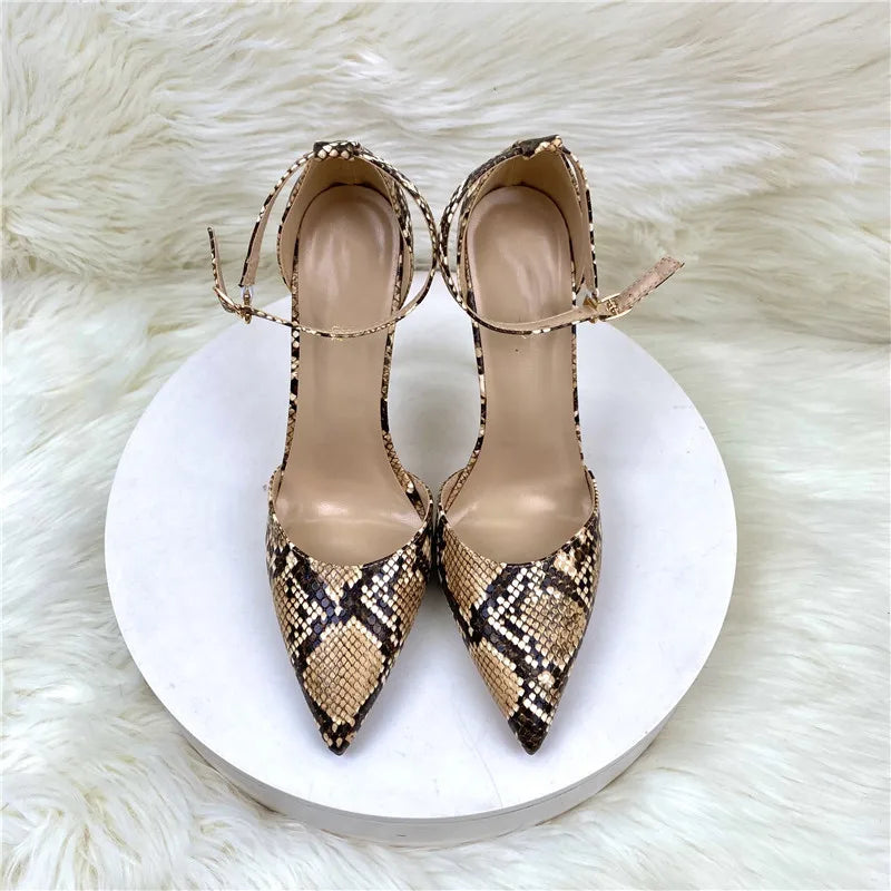 Snakeskin Pattern Pointy Toe High Heel Shoes with Ankle Strap for Women