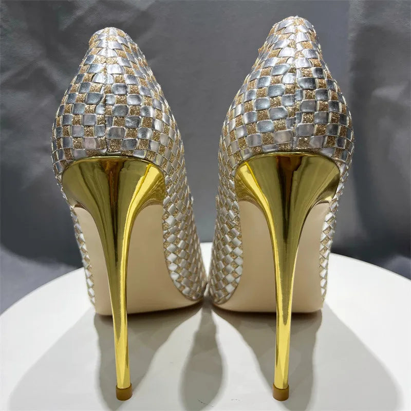 Shiny Plaid Chic Stilettos High Heels Bling Party Dress Shoes for Women