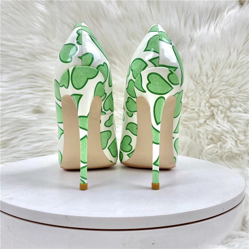 Sweetheart Print White Patent Pointy Toe High Heel Shoes for Women
