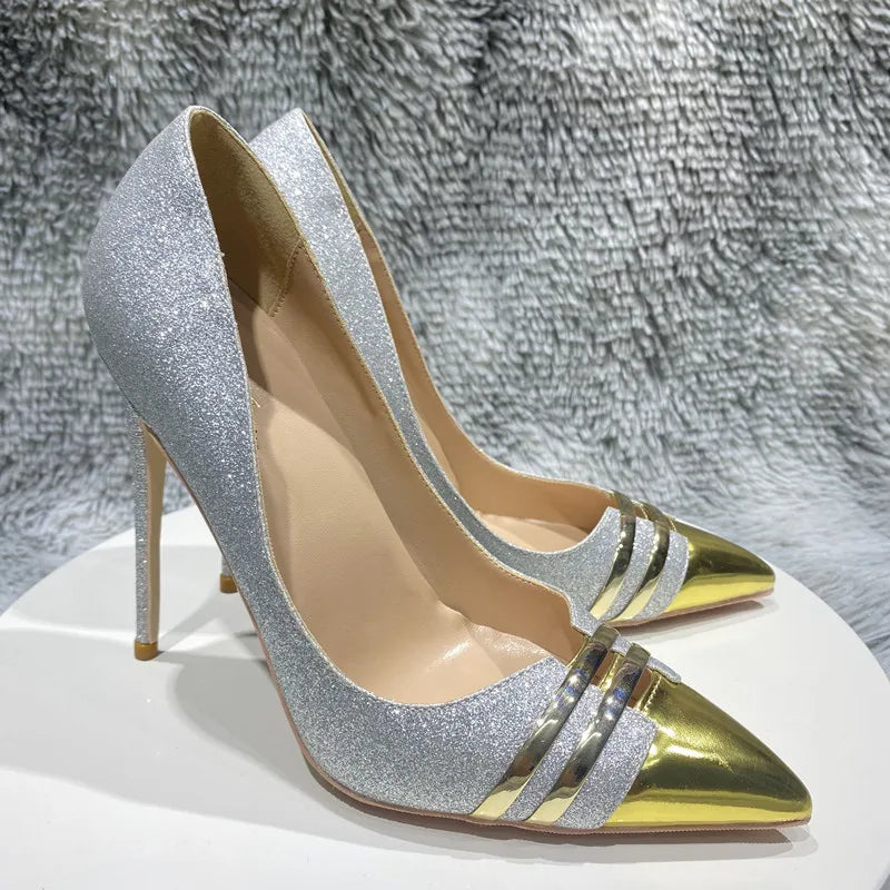 Sparkle Silver Sequins Slip On High Heel Shoes with Pointy Toe
