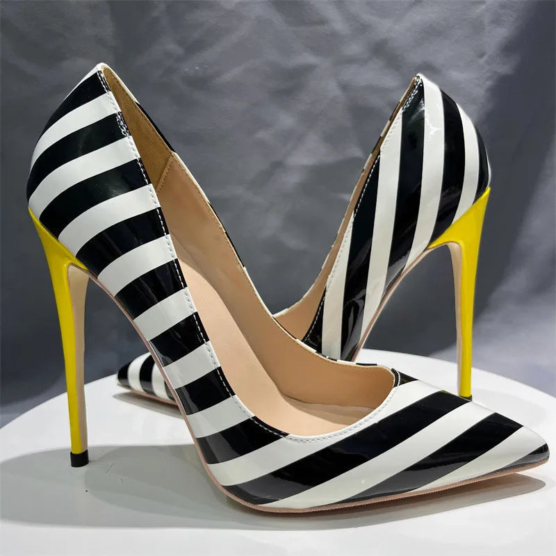 Striped Print Women Pointy Toe Stiletto Pumps with Yellow Heels