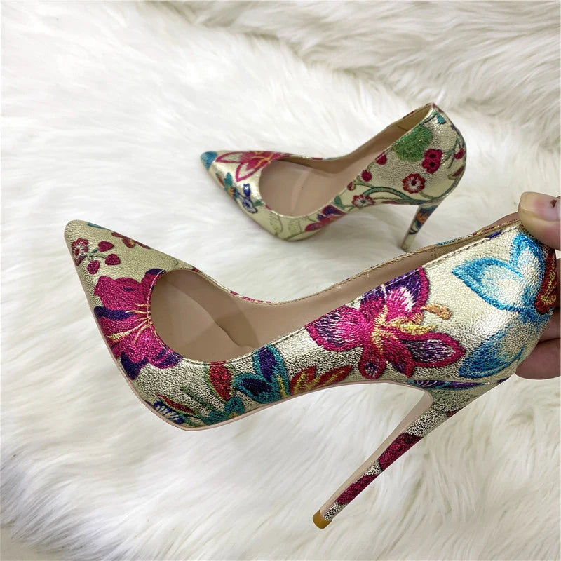 Gold Floral Embossed Printed Pointy Toe High Heel Shoes for Women