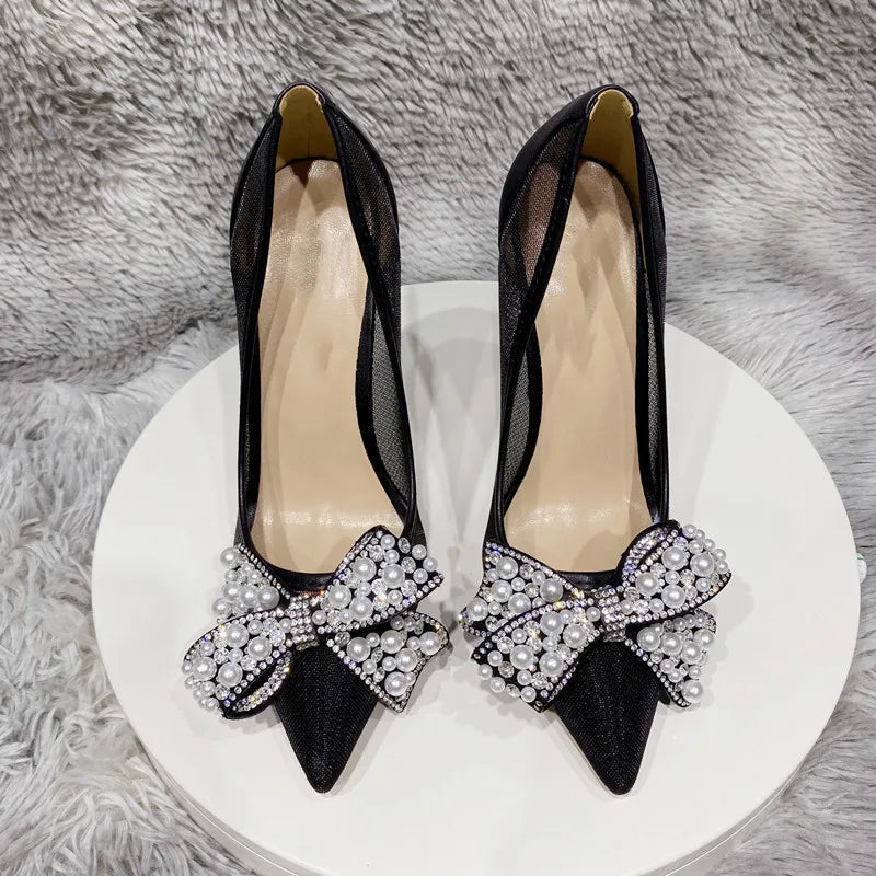 Black Matte Gauze Mesh Pointy Toe High Heel Shoes with Pearls Bow for Women