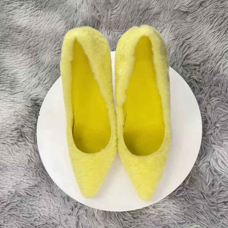 Yellow Faux Fur Pointy Toe High Heel Shoes for Women