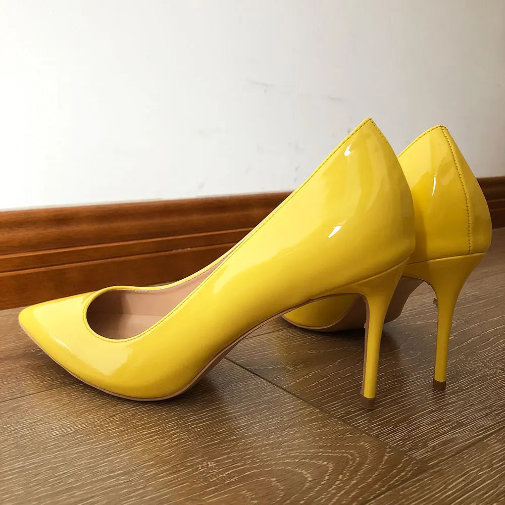 Yellow Women Patent Pointed Toe Pumps High Heels for Party Dress Fashion