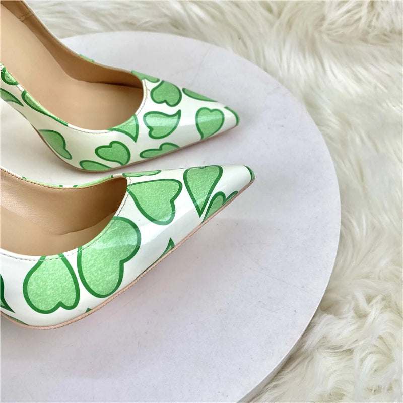 Sweetheart Print White Patent Pointy Toe High Heel Shoes for Women