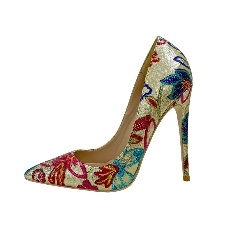 Gold Floral Embossed Printed Pointy Toe High Heel Shoes for Women