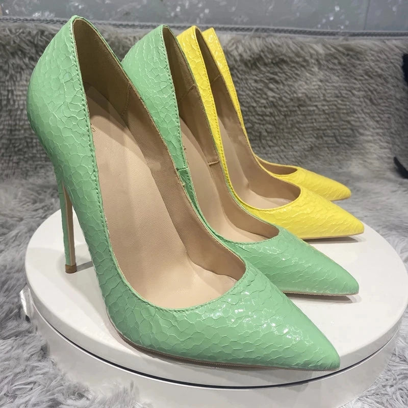 Yellow Crocodile Effect Pointy Toe High Heel Sexy Party Shoes for Women