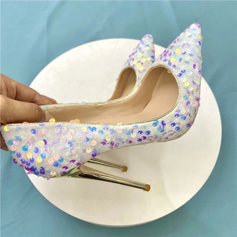 White Pointy Toe High Heel Shoes with Bling Sequins for Women