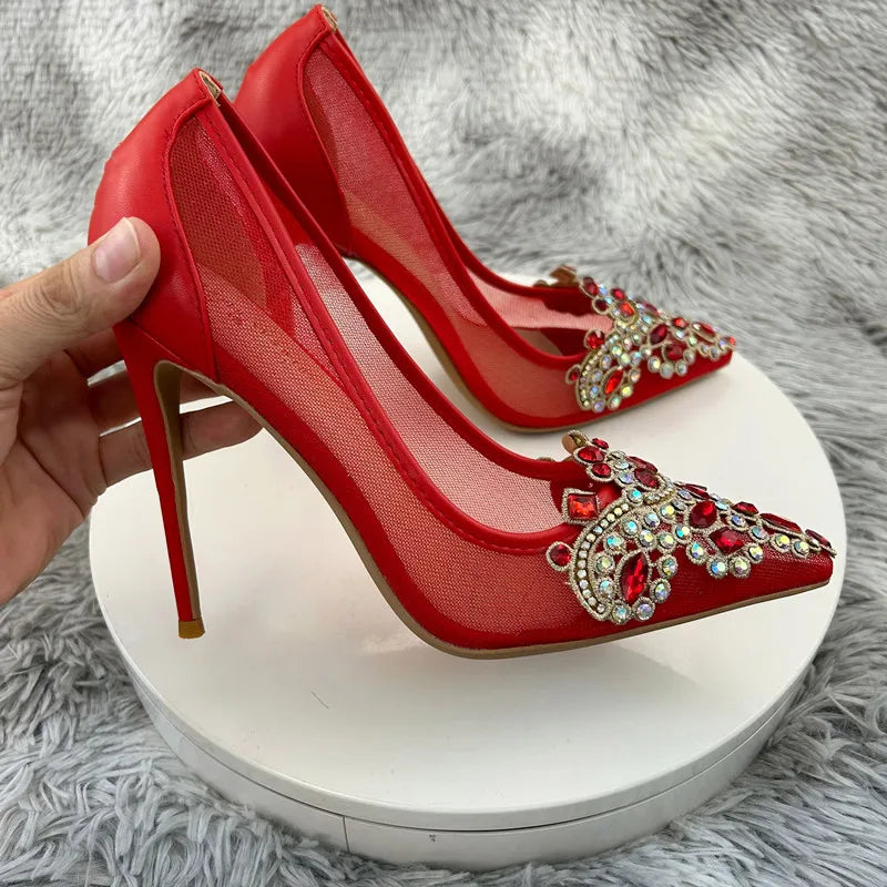 12cm High Heels Rhinestones Sexy Patchwork Red Mesh Gauze Pointy Toe Stiletto
