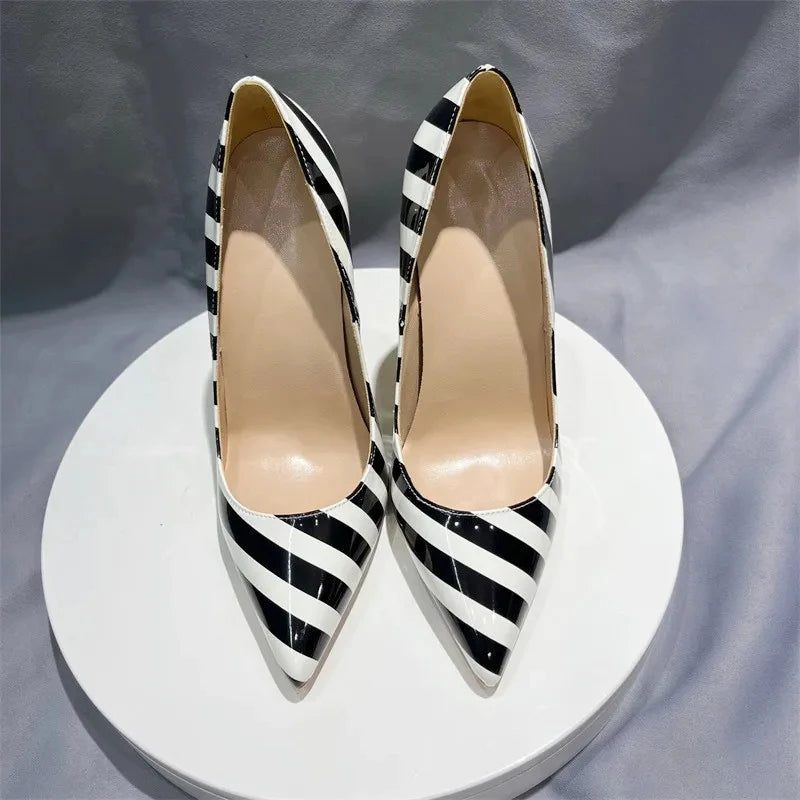 Striped Print Women Pointy Toe Stiletto Pumps with Yellow Heels