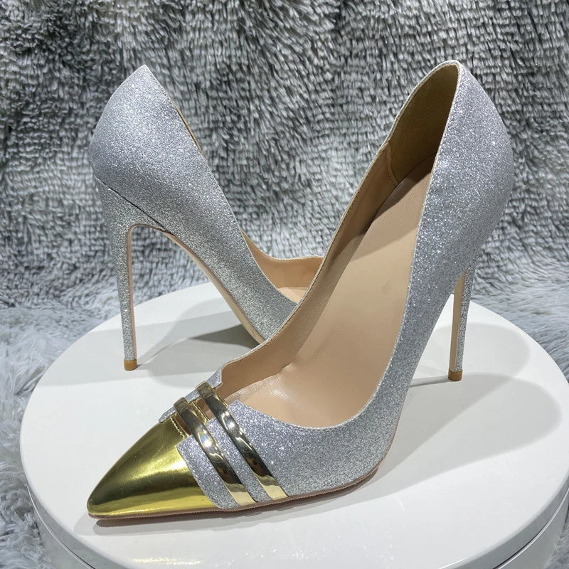 Sparkle Silver Sequins Slip On High Heel Shoes with Pointy Toe
