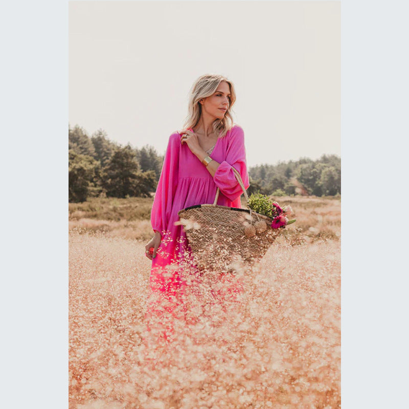 V-neck Loose Lantern Sleeve Dress